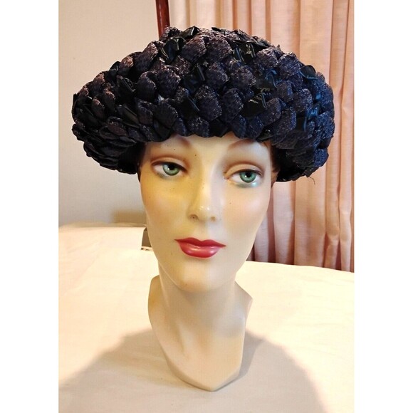 1960s Vintage Navy Blue Breton Hat, Woven Cellophane Straw - Picture 2 of 5